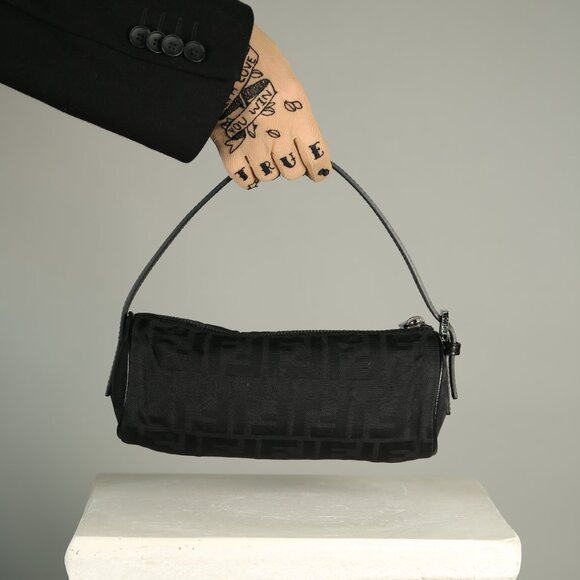 Rare FENDI Zucca FF Barrel Pochette Black - Picture 1 of 10